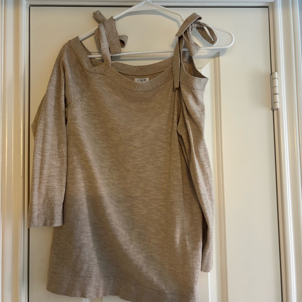 J. Crew Beige Tie-Shoulder Cold-Shoulder Knit Top